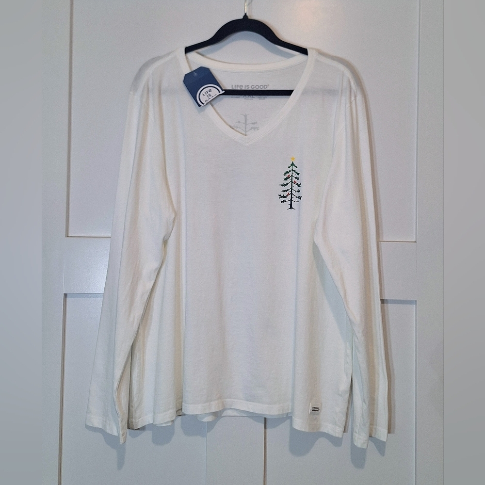Life Is Good Crusher Tee New Christmas Long Sleeve V Neck Shirt Size XXL White